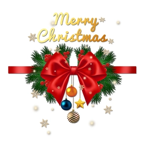Christmas window sticker with red bow, green pine needles and golden stars on white background