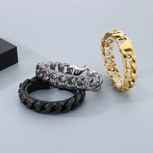 Men's retro stainless steel Cuban chain bracelet with vintage pattern in gold silver and black