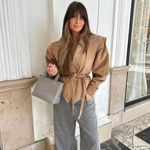 Women Suede Moto Jacket Short Coat Lapel Lace Up Belt Pleated Shoulder Street Style Western Fashion