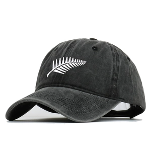 Vintage washed dark grey cotton baseball cap with white leaf embroidery for men and women