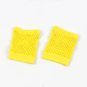 Detail shot of bright yellow fishnet fingerless gloves with breathable mesh texture