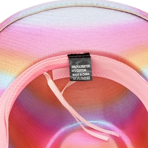 Detail of colorful cowboy hat interior featuring cotton-blend lining and material label