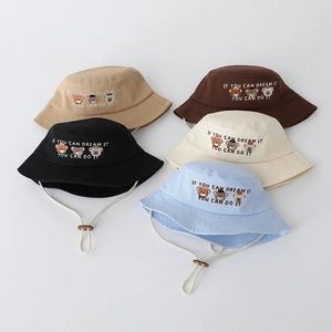 Kids' cotton bucket hats with three bears embroidery and adjustable windproof straps