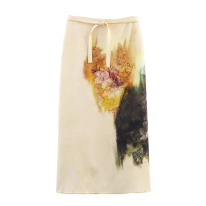 Jupe Midi En Satin Pour Femmes Imprimé Floral Encre Taille Haute Fente Streetwear Sexy Chic Polyester
