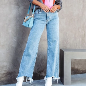Vaqueros De Pierna Ancha Para Mujer Cintura Alta Denim Lavado Dobladillo Deshilachado Casual Streetwear Pantalones