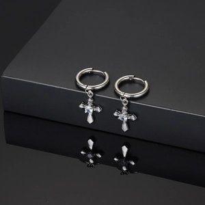 Minimalist Titanium Steel Cross Pendant Earrings With Zirconia Inlaid Punk Style Geometric Drop Earrings For Men Women