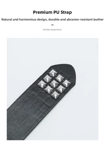 Detail of black PU leather belt featuring silver square pyramid studs in a punk style