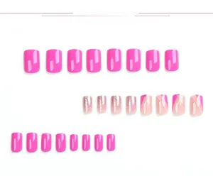 Detail view of pink glitter and geometric white line patterns on square false nails