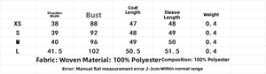 Size chart table for casual fringed jacket with measurements for XS to L in centimeters