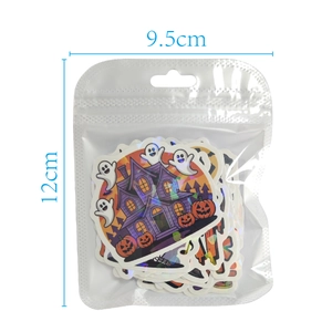 Detailed view of Halloween laser sticker pack measuring 9.5cm by 12cm in clear bag
