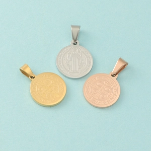 Polished stainless steel St. Benedict round pendants in silver, gold, and rose gold finishes