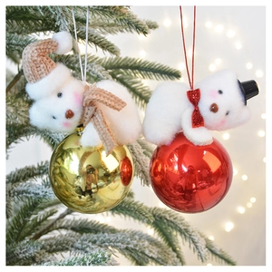 Close-up of plush bear ornaments on glossy red and gold Christmas tree baubles