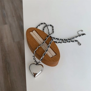 Unisex silver titanium steel heart pendant necklace with black woven long chain