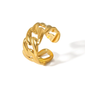 Polished 18K gold-plated stainless steel Cuban link chain open adjustable ring for women