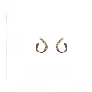 Detail view of J-shaped rose gold spiral earrings with S925 silver posts and micro-inlaid crystals