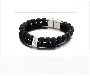 Detail of men's double-layer black lava stone and woven leather bracelet with magnetic clasp