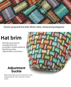 Detailed macro view of ethnic jacquard weave texture and adjustable metal buckle on cap