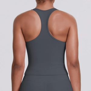 Close-up of racerback design on women's charcoal grey athletic tank top for yoga