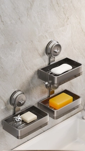 Space aluminum suction cup soap dishes with drainage tray on marble wall in bathroom