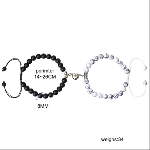 Couples beaded bracelets set with heart magnet clasp in matte black and white marble