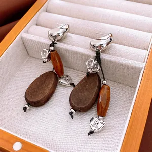 Vintage Wood Beaded Drop Earrings With 925 Sterling Silver Earring Post Alloy Heart Flower Charm Bohemian Style Women