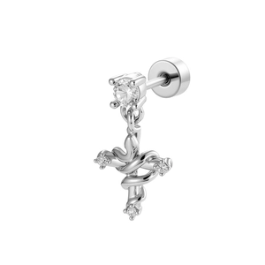 Polished silver snake cross earrings with micro-inlaid cubic zirconia and flat back stud