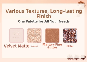 Texture detail of 20-color eyeshadow palette with matte, shimmer, and glitter finishes