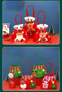 Detail view of festive Christmas gift bags with Santa and snowman patterns in two sizes