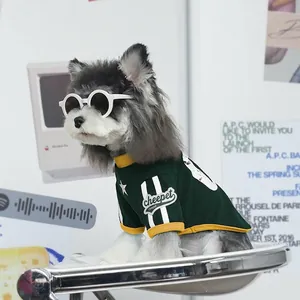 Retro dark green dog sweatshirt with yellow trim and sporty letter print for small breeds