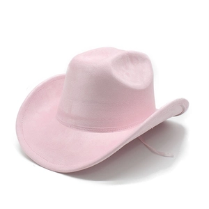 Detail of pink faux suede western cowboy hat with wide brim and decorative stitching