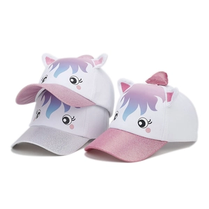 Detailed view of kids' unicorn baseball caps with glitter brims and 3D ears detail