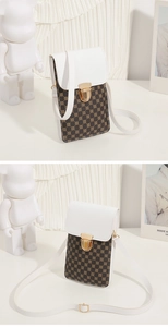 Close-up of contrast crossbody phone bag with brown geometric patterns and gold buckle