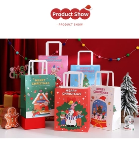 Detailed view of colorful Christmas gift bags with festive Santa and reindeer illustrations