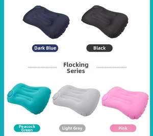 Close-up of inflatable U-shaped neck pillows in five colors with soft flocked texture