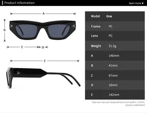 Detailed sizing chart for cat eye glasses with 146mm width and PC frame specifications