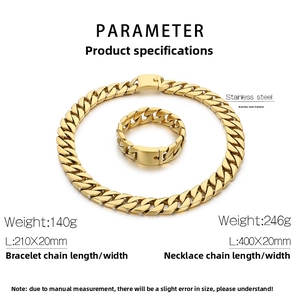 Size chart showing 20mm stainless steel Cuban link chain necklace and bracelet dimensions