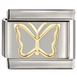 Detail shot of modular stainless steel bracelet link with a golden butterfly charm