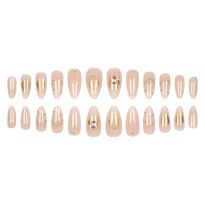 Almond shaped press-on nails with nude pink base, gold foil accents and colorful rhinestones