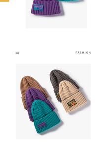 Detail view of colorful knit beanies featuring vintage patch and rolled cuff design