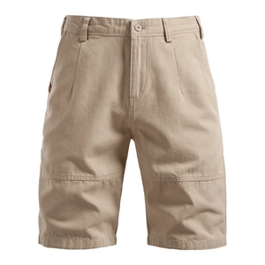 Detail view of khaki cotton cargo shorts featuring a durable button closure and fine stitching