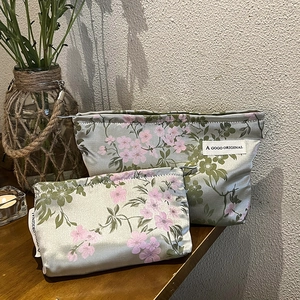 Floral satin cosmetic bag set with green silk sheen and vintage botanical pattern