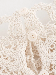 Gros plan sur un tricot beige au crochet avec motifs ajourés et boutons ronds en plastique