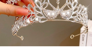 Detailed view of silver crystal tiara featuring elegant twin swan design with rhinestones