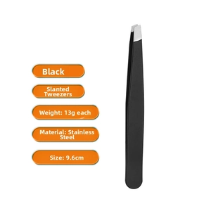 Detail view of 9.6cm black stainless steel slant tweezer weighing 13g for eyebrow grooming