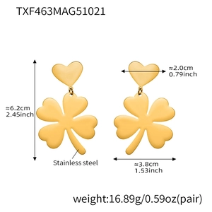 Detailed dimension guide for stainless steel heart and clover earrings with gold plating
