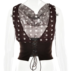 Detail of brown polka dot sheer chiffon splicing and lace-up back design on the slim top