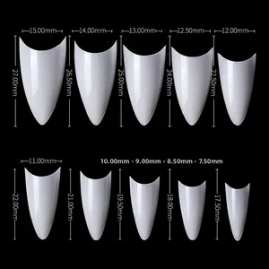 Maattabel met 10 afmetingen voor witte amandelvormige full cover kunstnagel tips