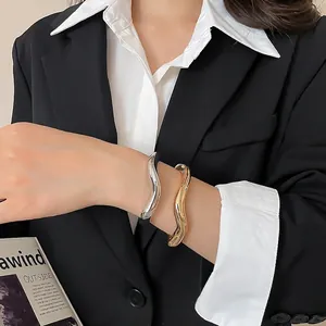 Polished Alloy Irregular Wave Open Bangle Bracelet Minimalist Adjustable Trendy Jewelry For Women Daily Wear
