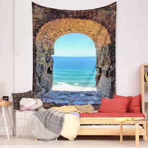 Detail of bohemian wall tapestry showing a Mediterranean stone arch and ocean view