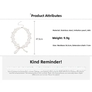 Detailed size specifications for the stainless steel pearl necklace with bow design